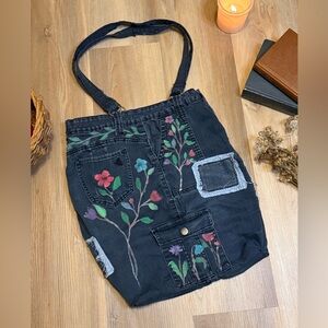 Hand-Painted Upcycled Denim Tote Bag – Floral Art, Repurposed Jeans